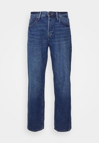 Modré džíny z denimu s rovnými nohavicemi, pěti kapsami a zapínáním na knoflík. Tkanina má mírně blednutou strukturu.