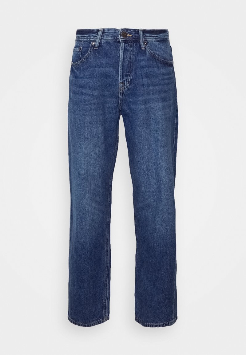 Jeans de mezclilla azul con un diseño de pierna recta, cinco bolsillos y un cierre de botón. La tela tiene una textura ligeramente desgastada.