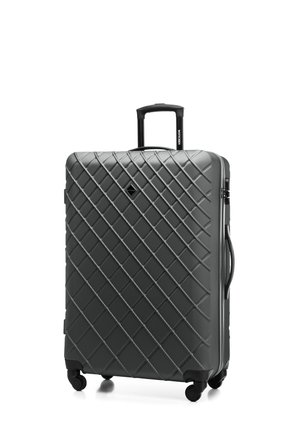 Polycarbonate suitcase in gray featuring a diamond-quilted texture, retractable handle, and four smooth-rolling wheels for mobility.