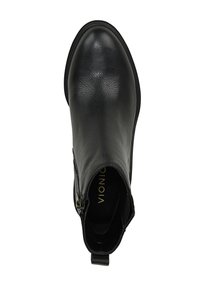 Zwarte leren enkelboot met een gladde textuur, ronde neus, zijrits en merkinterieur. Heeft een lage, platte hak.