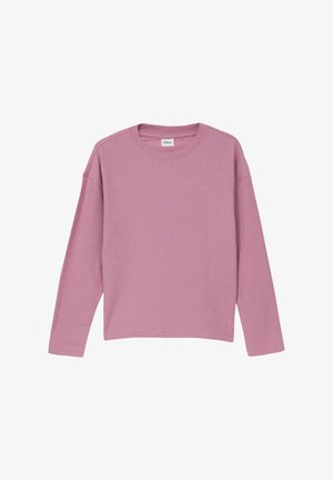 T-shirt rose à manches longues en tissu doux, doté d'un col rond et d'une coupe décontractée. Texture lisse avec de subtils détails de couture.