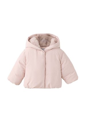 Chaqueta de invierno acolchada para niños en rosa claro con capucha forrada en suave piel sintética beige, mangas largas y cierre delantero.