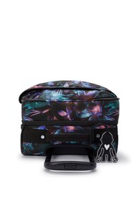 Rolling suitcase with a floral pattern in black, teal, and purple. Features a retractable handle and a decorative luggage tag.