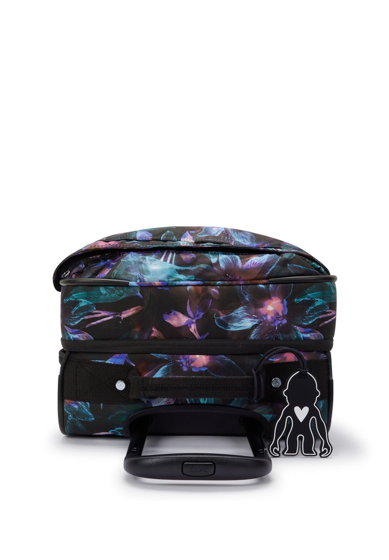 Valise à roulettes avec un motif floral en noir, teal et violet. Dotée d'une poignée télescopique et d'une étiquette de bagages décorative.