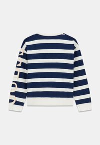 Navyblauw-wit gestreepte katoenen sweatshirt met lange mouwen, ronde hals en 'COSTA' in perzikkleur geborduurd op de linker mouw.