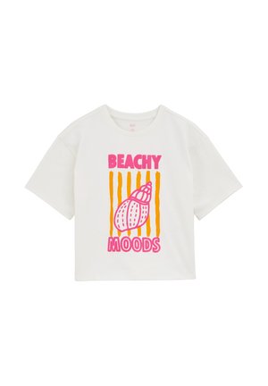 Biała koszulka z krótkim rękawem z różowo-pomarańczowym napisem graficznym "BEACHY MOODS" oraz wzorem muszli, wykonana z bawełnianego materiału.