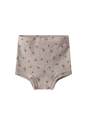 Beige katoenen shorts met een bloemmotief in bruin, voorzien van een zachte tailleband en eenvoudige omgezoomde randen. Ontworpen voor comfort en flexibiliteit.