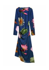 Blumenmuster Langarmkleid aus einem blauen strukturierten Stoff, mit großen rosa, weißen und grünen Blumen. Drapiertes Design mit asymmetrischem Saum.