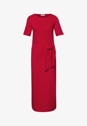 Rotes Midikleid mit kurzen Ärmeln, rundem Ausschnitt und einem geknoteten Detail auf der rechten Seite in der Taille.