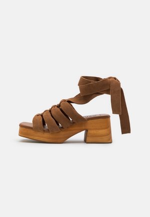 Braune Wildleder-High Heels mit Plateau, die mehrere Riemen über den Fuß und eine lange Schnürung haben. Holzblock-Absatz.