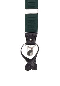 Groene elastische bretels met een zwarte leren basis, voorzien van metalen clips en een geknoopte leren accent, die duurzaamheid en ondersteuning bieden.