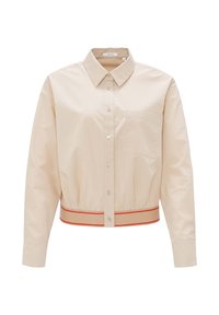 Lichtbeige cropped shirt van katoen, met een klassieke kraag, knopen aan de voorkant, een borstzak en een contrasterende rode en beige gestreepte zoom.