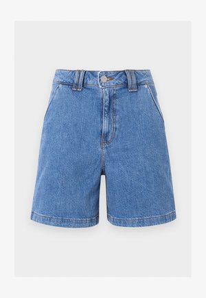 Blue denim shorts with front button and zip closure, belt loops, front pockets, and straight hem against plain light background.