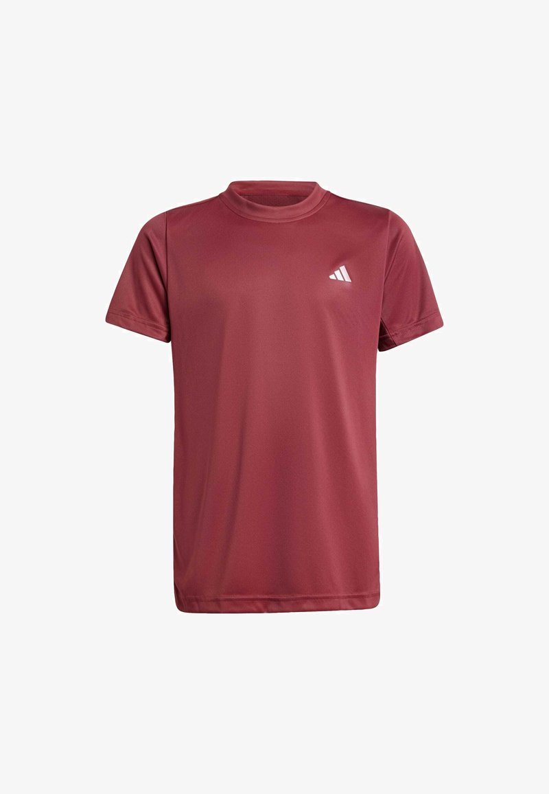 Rode sportieve shirt met korte mouwen, gemaakt van lichtgewicht polyester, met een ronde hals en een kleinwit logo op de linkerborst.