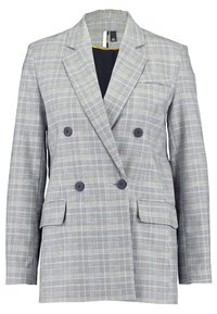 Blazer doppiopetto grigio a scacchi con due tasche frontali, bottoni neri, rever strutturati e una consistenza del tessuto liscia.