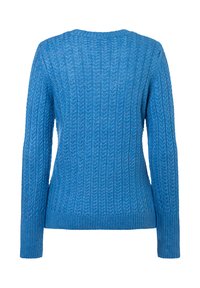 Blauer gestrickter Pullover mit strukturiertem Rippdesign, Rundhalsausschnitt und langen Ärmeln mit Rippbündchen und Saum.