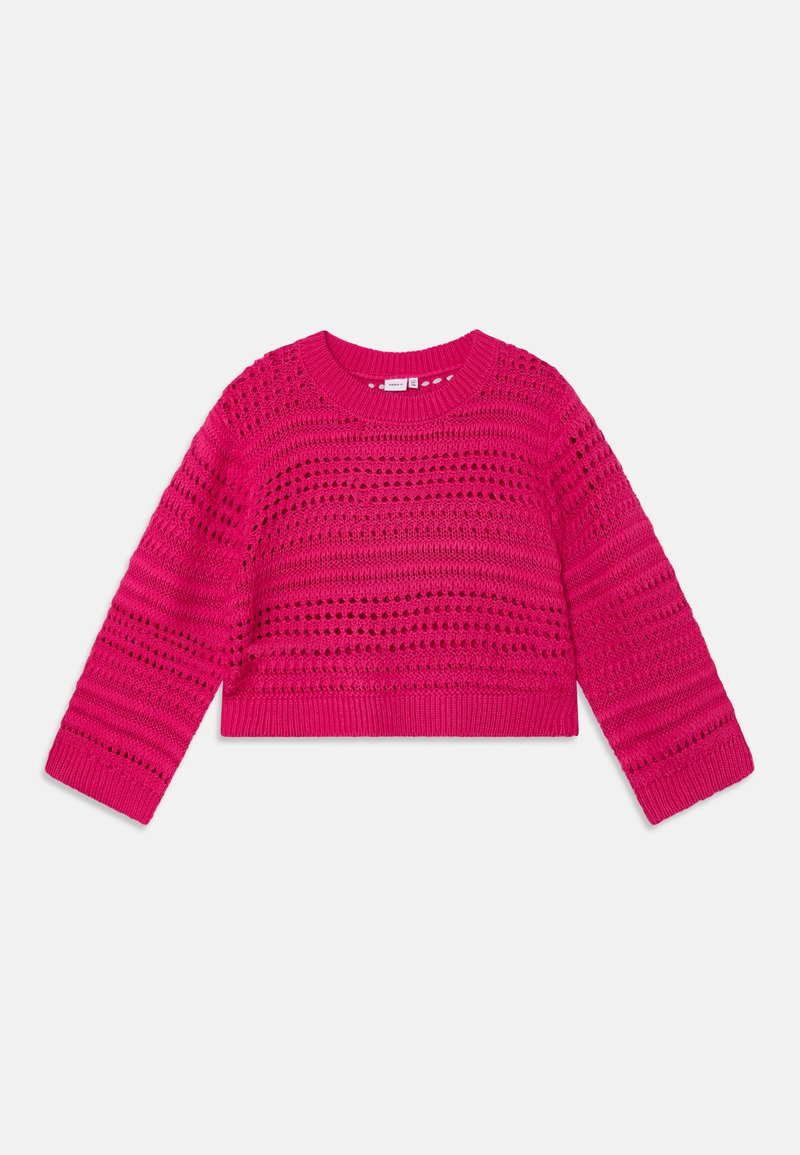 Rosa, kortermet strikkegenser med et teksturert, åpnet mønster og lange ermer. Har rund halsringning og ribbestrikket kant.