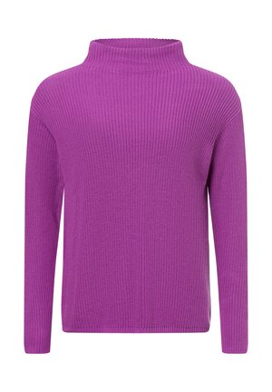 Lila gestrickter Pullover mit hohem Kragen, langen Ärmeln und gerippter Textur. Hat eine lockere Passform und einen geraden Saum.