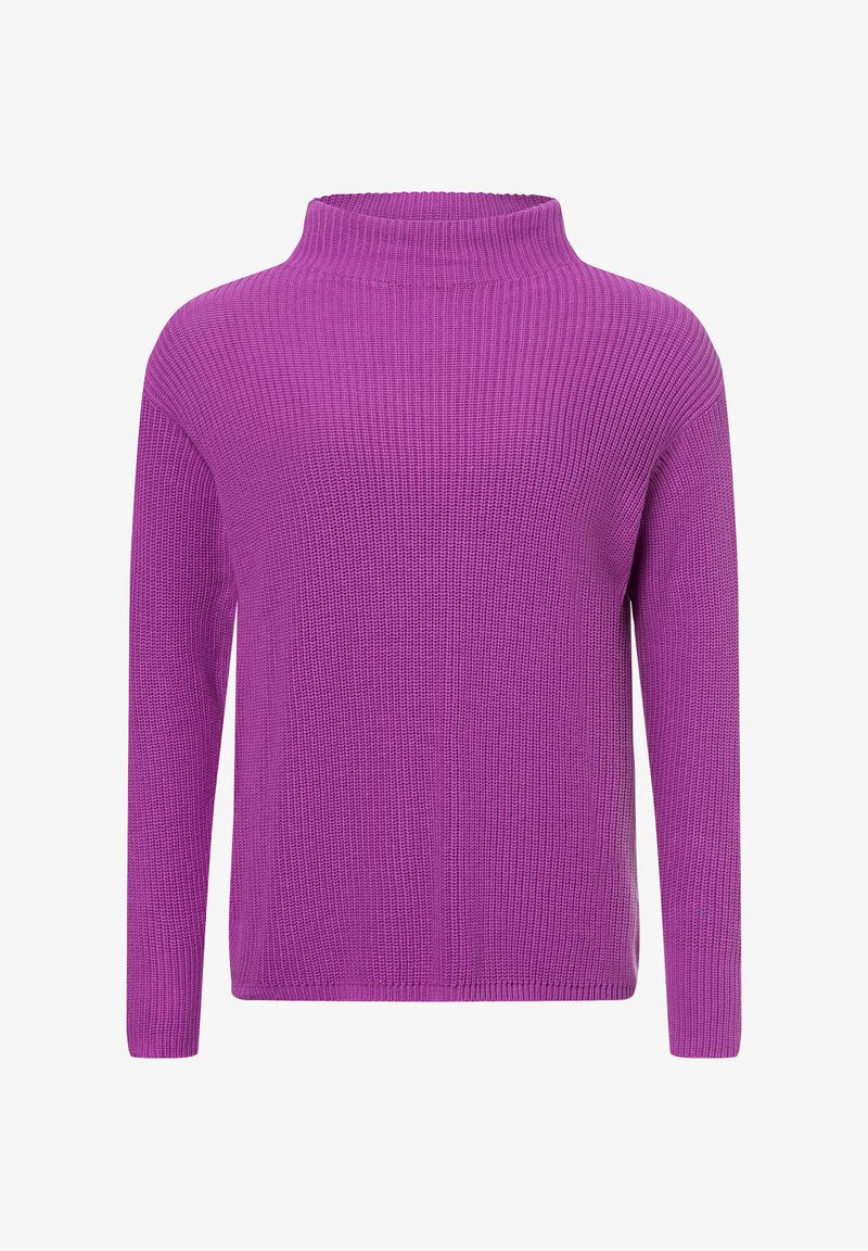 Lila gestrickter Pullover mit hohem Kragen, langen Ärmeln und gerippter Textur. Hat eine lockere Passform und einen geraden Saum.