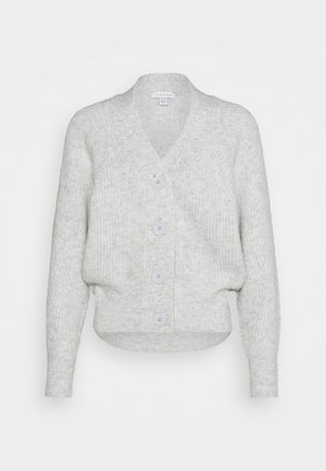 Szary, dziergany kardigan z dekoltem w serek, długimi rękawami i pięcioma jasnoniebieskimi guzikami z przodu. Skrócony krój z prążkowanym wykończeniem.