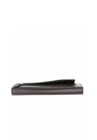 Portefeuille en cuir brun foncé avec un compartiment zippé, présenté fermé et vu de côté sur fond blanc.