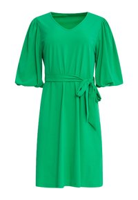 Groene jurk van zachte stof, met een V-hals, korte pofmouwen, een tailleband en een relaxed fit.