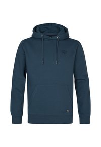 Sudadera azul marino de tejido suave, con un bolsillo canguro, capucha con cordones y un discreto detalle de logo en el pecho.