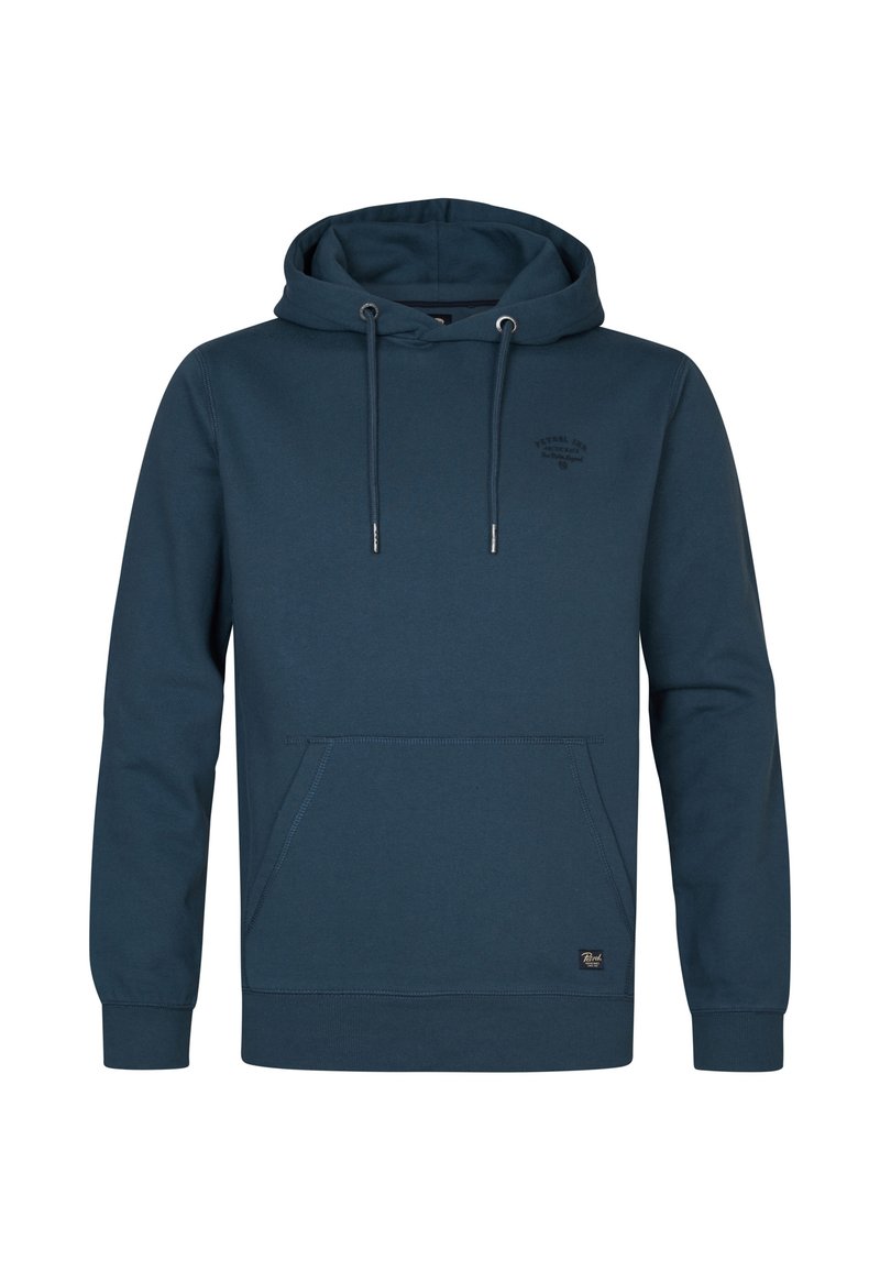 Sudadera azul marino de tejido suave, con un bolsillo canguro, capucha con cordones y un discreto detalle de logo en el pecho.