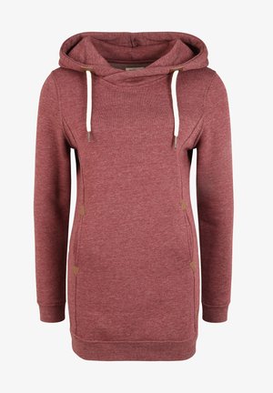Red hoodie dress with a textured fabric, adjustable white drawstrings, and tan accents near the pockets. Long sleeves and a spacious hood.