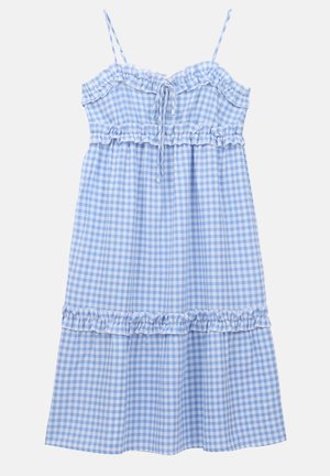 Mėlynas gingham suknelė su volanų apykakle ir petnešėlėmis, su raišteliu, ir sluoksniuotu apačia. Pagaminta iš medvilnės, kelio ilgio dizainas.