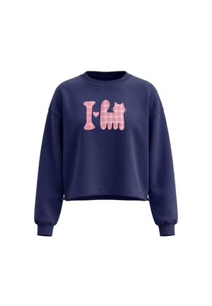 Marineblå sweatshirt med pink ternet tekst og kattegrafik, der staver "I love my cat" på fronten.