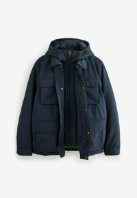 Navy blue insulated jacket with a zip front, attached hood, multiple front pockets, and snap closures. Smooth texture and durable material.