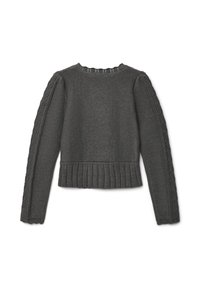 Grauer Pullover mit geripptem Saum, strukturierten Puffärmeln und Spitzenverzierungen entlang der Schulternähte. Entworfen für eine taillierte Silhouette.