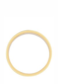 Zelta metāla gredzens ar gludu, pulētu virsmu. Apaļš ar vienmērīgu platumu, bez papildus rotājumiem vai rakstiem.