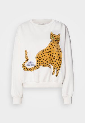 Valge dressipluus, millel on suur, illustreeritud kollane leopard mustade laikudega. Sinine tekstikujundus "lollys laundry". Ribitud mansetid ja ääred.