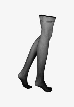 Schwarze transparente Strümpfe mit glatter Textur, bis oberhalb des Knies reichend, mit einem verstärkten Rand an der Oberseite und einem dezenten Nahtdetail.