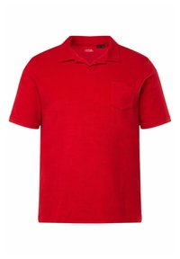 Rotes Baumwoll-Poloshirt mit Kragen, kurzen Ärmeln und einer Brusttasche. Glatte Textur und einfarbiges Design.