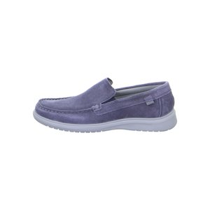 Herrentauglicher, legerer Slip-On-Slipper aus weichem, violettfarbenem Wildleder mit weißer Gummisohle und gesteppten Details.