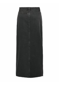 Zwarte spijker midi-rok met een rechte snit, hoge taille, achteropening en minimale stikseldetails. Geschikt voor casual of semi-formele gelegenheden.