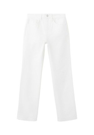 Valkoiset suorat farkut, joissa edessä nappi ja vetoketju, kaksi etutaskua ja vyölenkit.