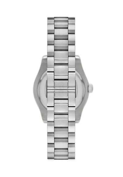 Silberner Edelstahlarmbanduhr mit einem glatten, polierten Armband im Gliederdesign; runde Gehäuse mit einem minimalistischen Zifferblatt und einer Krone.