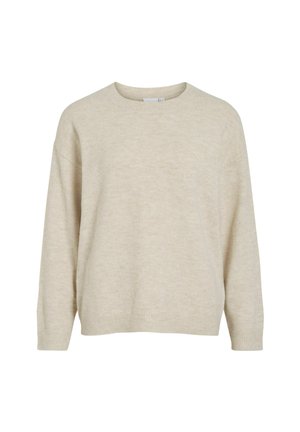 Maglione a maniche lunghe beige in maglia con scollatura a girocollo, polsini e orlo a coste, esposto su uno sfondo bianco.