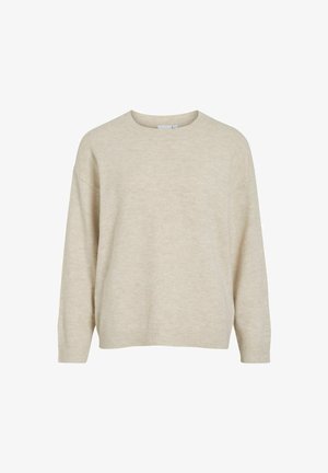 Maglione a maniche lunghe beige in maglia con scollatura a girocollo, polsini e orlo a coste, esposto su uno sfondo bianco.