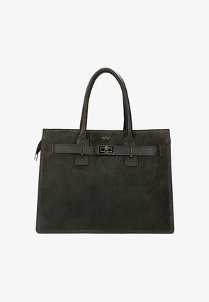 Czarna zamszowa torebka na podwójnych uchwytach, o płaskim kształcie, z detalami w kolorze srebrnym, z ozdobnym akcentem w postaci klamry.