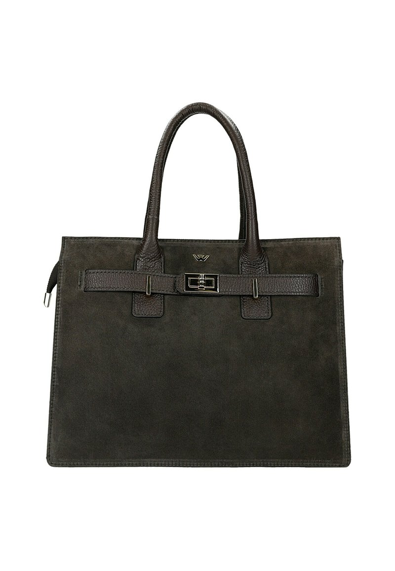 Czarna zamszowa torebka na podwójnych uchwytach, o płaskim kształcie, z detalami w kolorze srebrnym, z ozdobnym akcentem w postaci klamry.