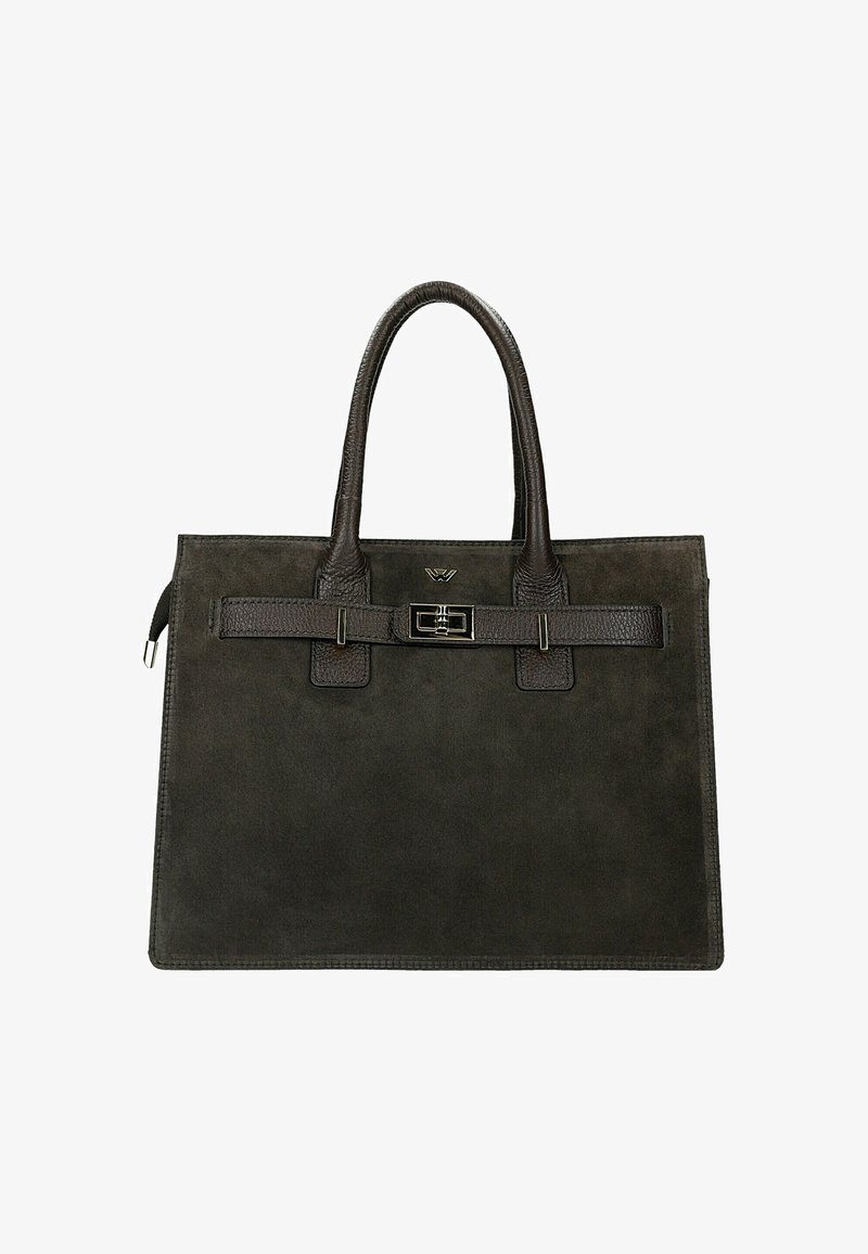 Donker suède handtas met dubbele handgrepen aan de bovenkant, een platte silhouet en details in zilverkleurige hardware, met een decoratieve gesp als accent.