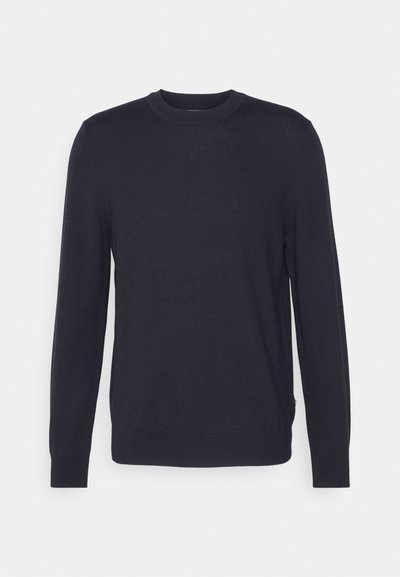 Marineblaue Rundhalsstrukturpullover aus weichem, strukturiertem Stoff. Hat lange Ärmel und einen schmalen Schnitt mit gerippten Bündchen und Saum. Einfaches Design, ohne Muster.