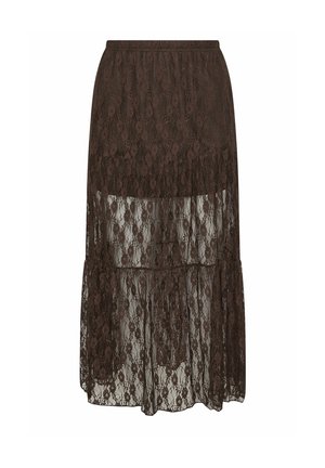 Falda maxi de encaje marrón oscuro con cintura elástica y capa floral transparente que se extiende más allá del forro hasta la longitud de la rodilla.