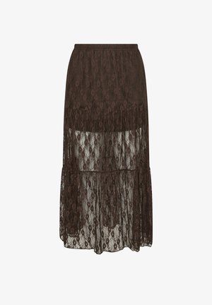Falda maxi de encaje marrón oscuro con cintura elástica y capa floral transparente que se extiende más allá del forro hasta la longitud de la rodilla.