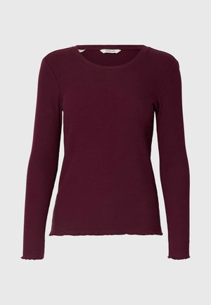 Bordeaux lange mouwen ribbel top met een ronde hals en raw hem details. Zachte textuur en aansluitend ontwerp, geschikt voor lagen.